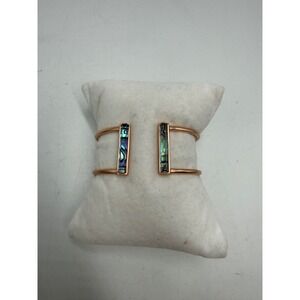Rose Gold Tone Abalone Shell Inlay Hinged Cuff Bracelet Open Band Modern